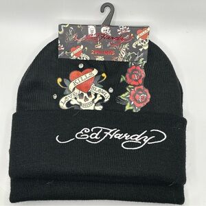 Ed Hardy Black Beanie with Skull and Rose Design